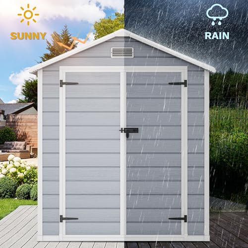 DWVO 6.x4 FT Resin Storage Shed with Reinforced Floor, Outdoor Storage Shed with Lockable Door, Window and Vents, Waterproof Plastic Tool Storage for Garden, Backyard, Patio, Lawn
