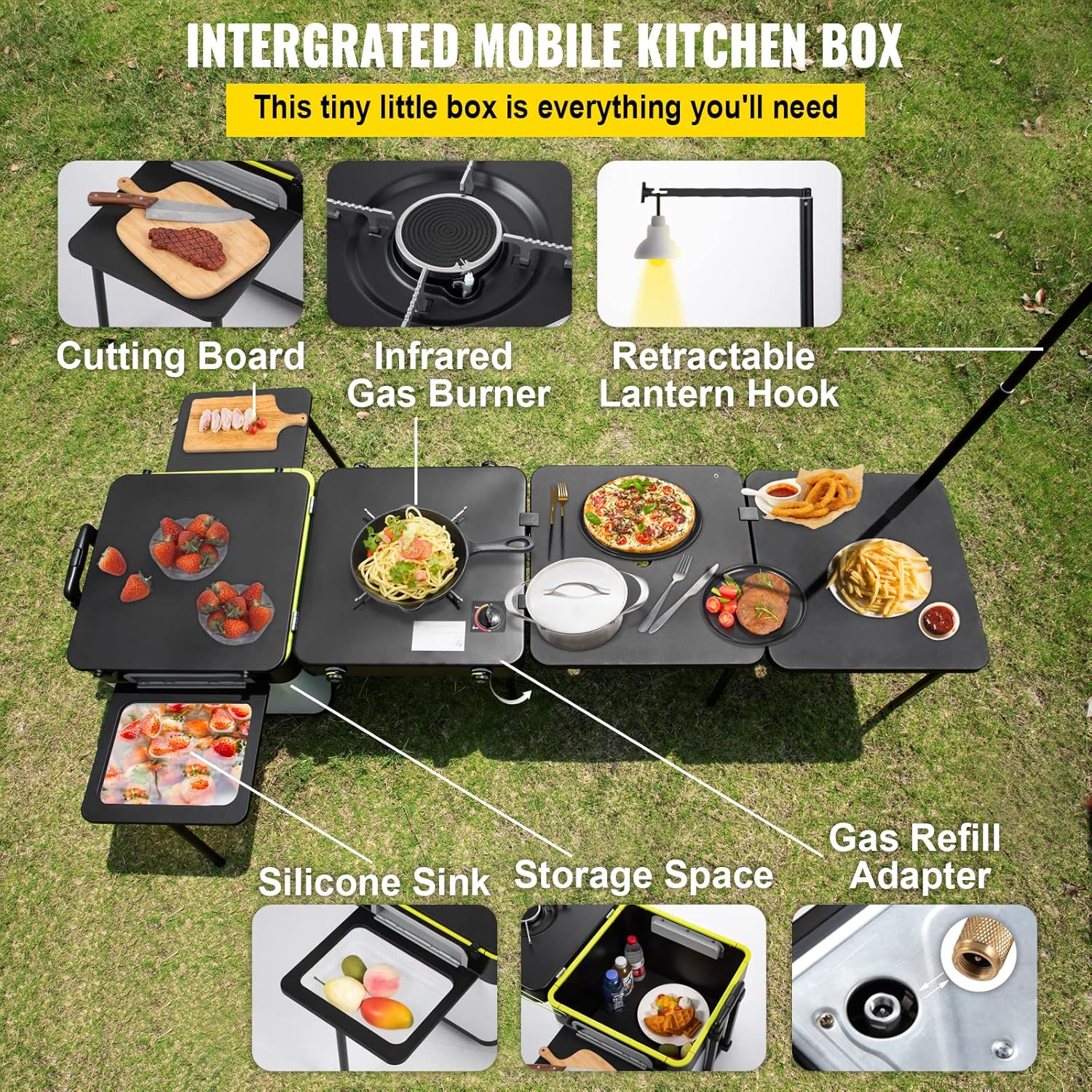 VEVOR Camping Kitchen, Outdoor Cooking Station Multifunctional Integrated Box with Wheels & Windproof Stove Portable Folding Tables Storage Organizer, for Picnic BBQ Beach Traveling, Black