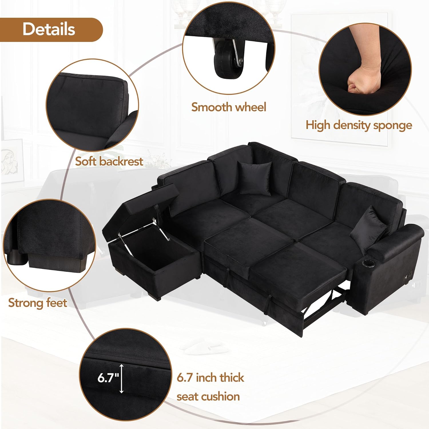 87.4'' Sleeper Sofa Bed,2 in 1 Pull Out Sofa Bed L Shape Couch with Storage Ottoman for Living Room,Bedroom Couch and Small Apartment, Black