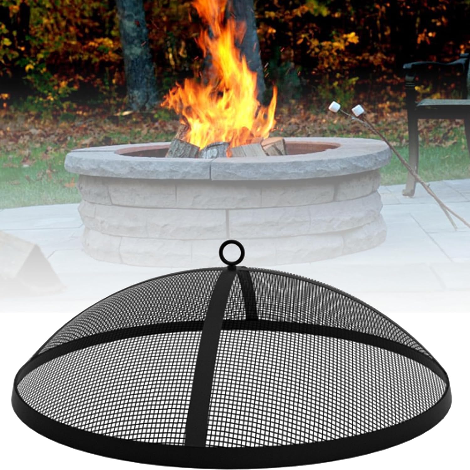 Fire Pit Spark Screen 36 Inch Round Lid, Heavy Duty Fire Pit Steel Mesh Screen Ember Arrester Lid with Hook for Outdoor Fire Pits Fireplace Fire Pit Insert Liner Replacement Screen