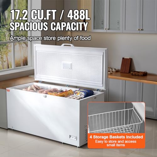 VEVOR Chest Freezer, Large Deep Freezer & 4 Removable Baskets, Freestanding Top Open Door Commercial Chest Freezers with Locking Lid, 7-Level Adjustable Temp, LED Lighting, 6 Wheels