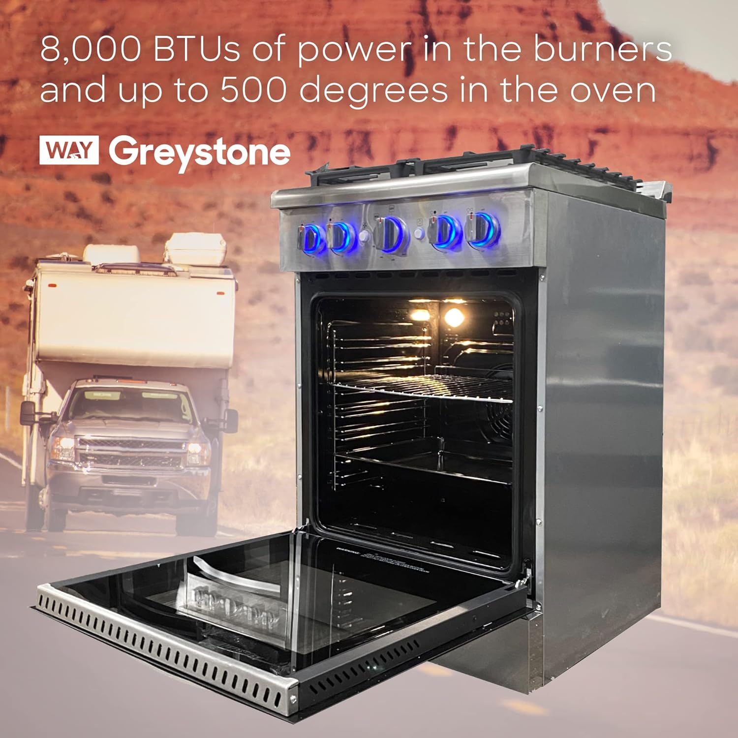 Greystone, 110 Volt RV Gas Range and Cooktop, Stove and Oven Combo, 24 Inch, LP Gas, Stainless Steel