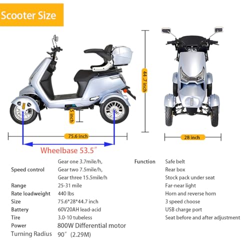 Mobility Scooters for Seniors & Adults, Heavy Duty 4-Wheel 3 Speed Medical Electric Powered Device 800W All Terrain, Elderly w/Rear Lockbox & Adjustable Seat (Type 3)