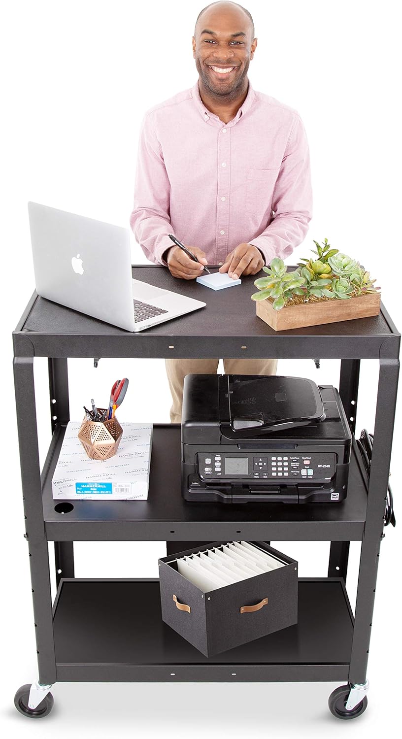 Line Leader Large AV Cart with Retractable Keyboard Tray | Height Adjustable Utility Cart | Includes Pullout Keyboard Tray & Cord Management | Easy Assembly (34in x 18in x 42in / Black)