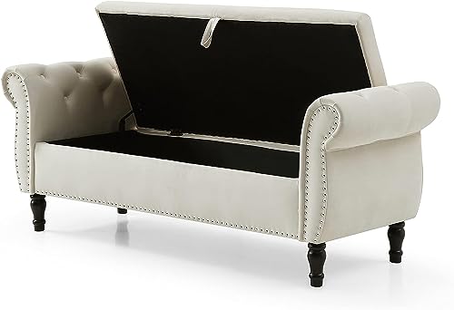 63" Button Tufted Velvet Upholstered Bench & Ottoman W/Storage for Bedroom End of Bed Home Entryway Living Space, Soft Padded Footstool w/Nailhead Decor and Pillow, Grey V