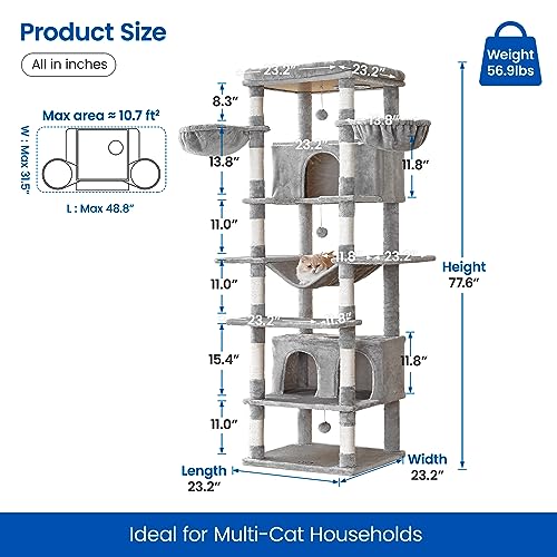 MWPO Extra Large Cat Tree, 77.6-Inch Tall Cat Tower for Indoor Cats with 2 Large Condos, Multi-Level Cat Stand for Large Cat with 3 Hammocks, Wide Perch, Scratching Posts, Dangling Toys, Beige