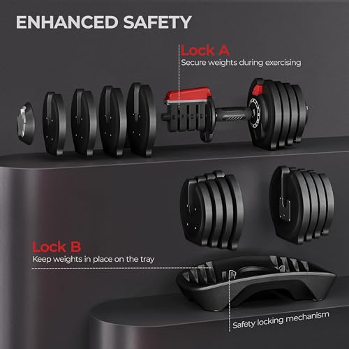Yaheetech Adjustable Dumbbell Set 28/40/52.5/90LBS Adjustable Dumbbells Fast Adjust Dumbbell Weight Set with Anti-Slip Handle and Tray for Men/Women Home Gym Strength Training Equipment Single/Pair
