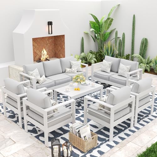 UDPATIO 8 Piece Aluminum Patio Furniture Set, Oversized Modern Outdoor Furniture Set with Olefin Fabric Cushion for Patio Deck Backyard, Dark Grey(with Waterproof Covers)