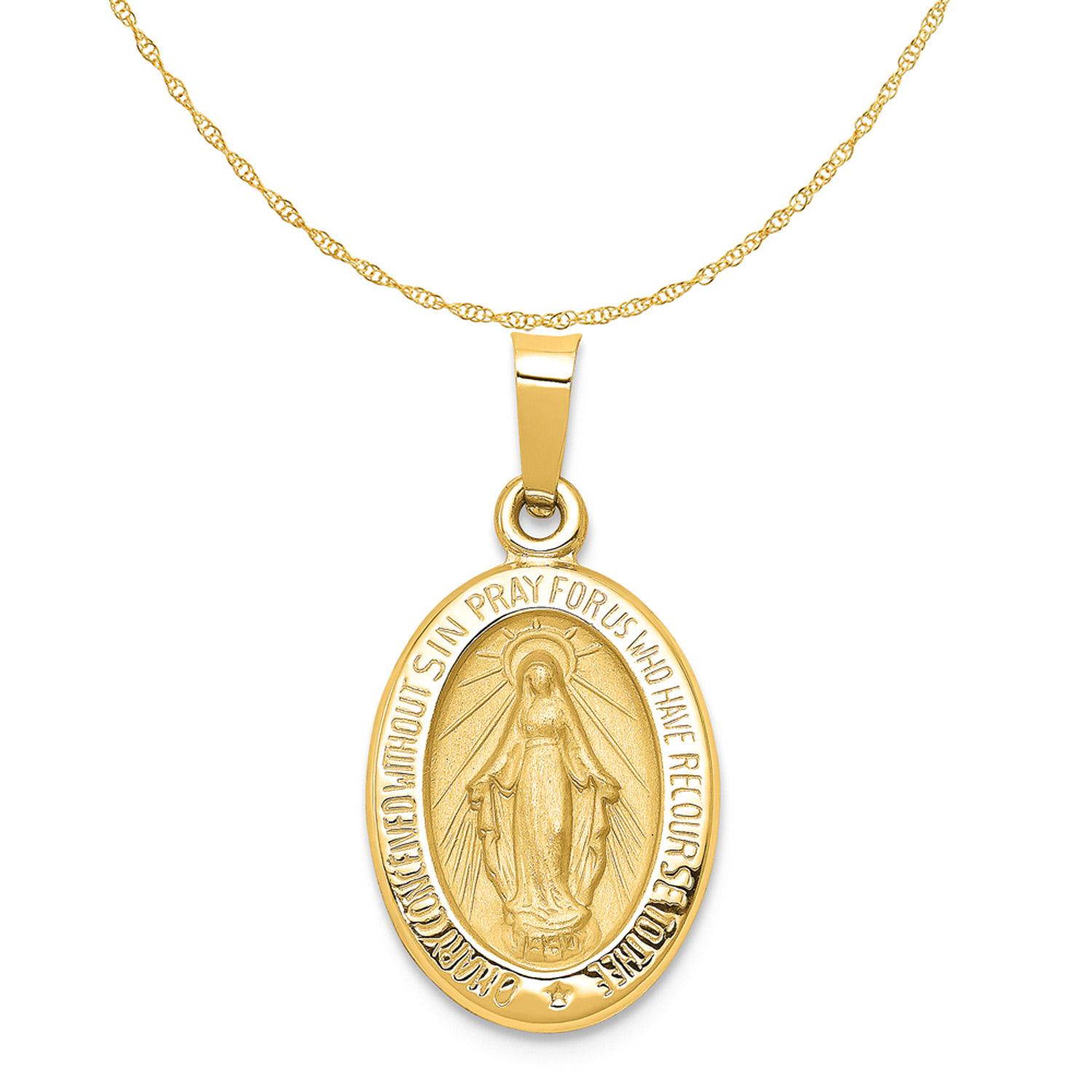 Carat in Karats 14K Yellow Gold Polished And Satin Miraculous Medal Hollow Pendant Charm (23mm x 12mm) With 14K Yellow Gold Lightweight Rope Chain Necklace 16''