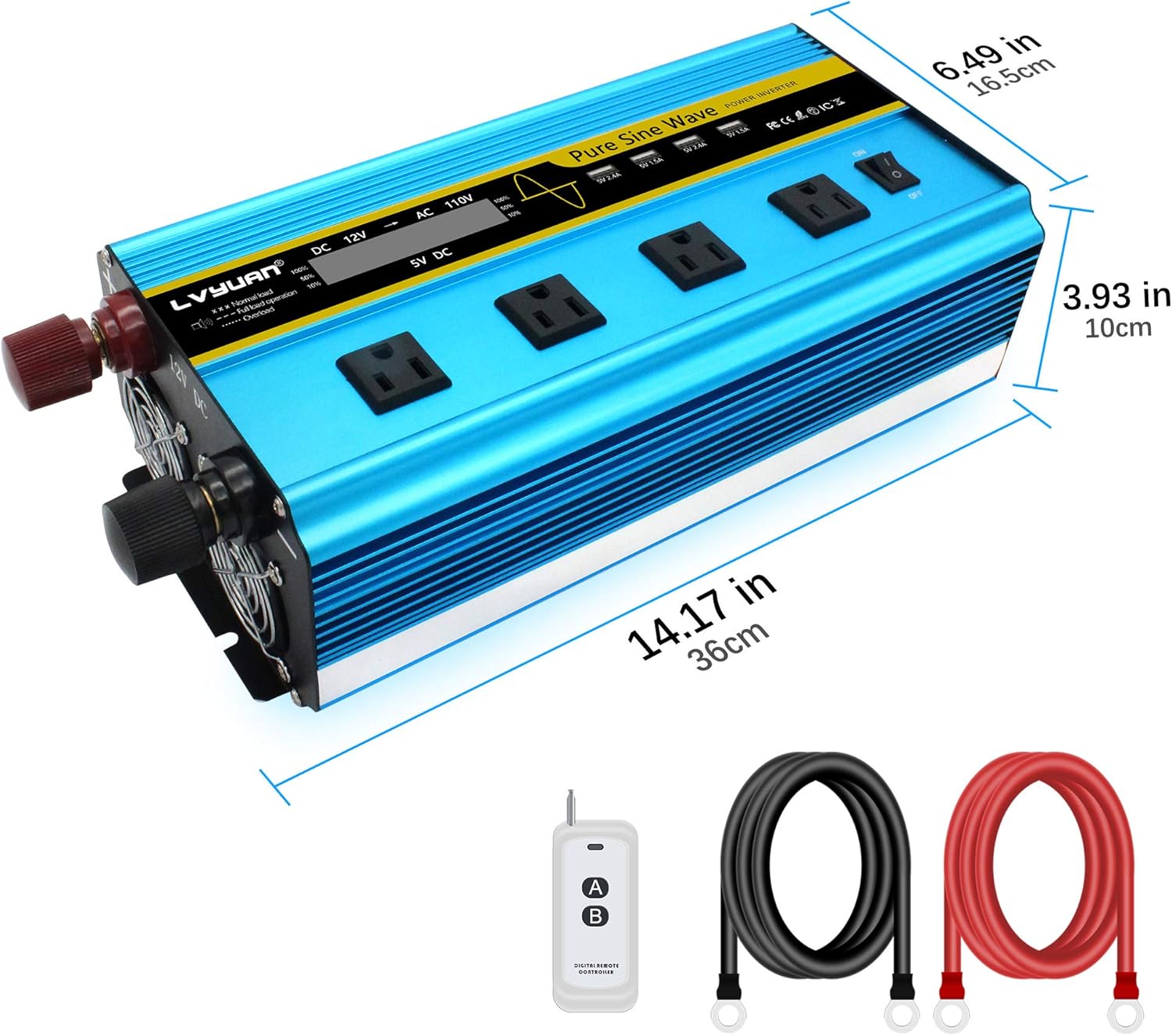 LVYUAN Pure Sine Wave Inverter 3000 Watt Inverter 12V to 110V DC to AC with Remote Controller, LCD Display 4 AC Sockets and 4 USB Ports for Car Truck Solar Power (3000W with Remote Controller)
