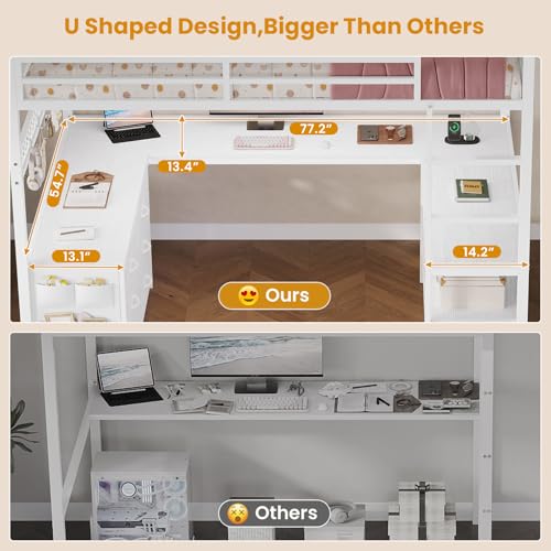 ADORNEVE Loft Bed Full Size with U-Shaped Desk, 6 Storage Drawers, Power Outlet, LED Metal Loft Bed with 2 Storage Shelves, Bed with Safety Guardrail & Ladders, No Box Spring Needed, Rustic Brown
