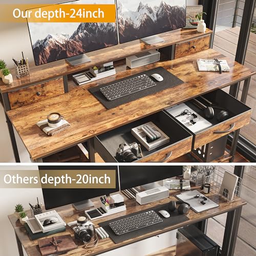 Treesland 55 Inch Computer Desk with Monitor Shelf, 24" Deep, Home Office Desks with Storage, Office Desk with 4 Drawers, Work Desk, Study Writing Desk, Desk with Drawers, Brown