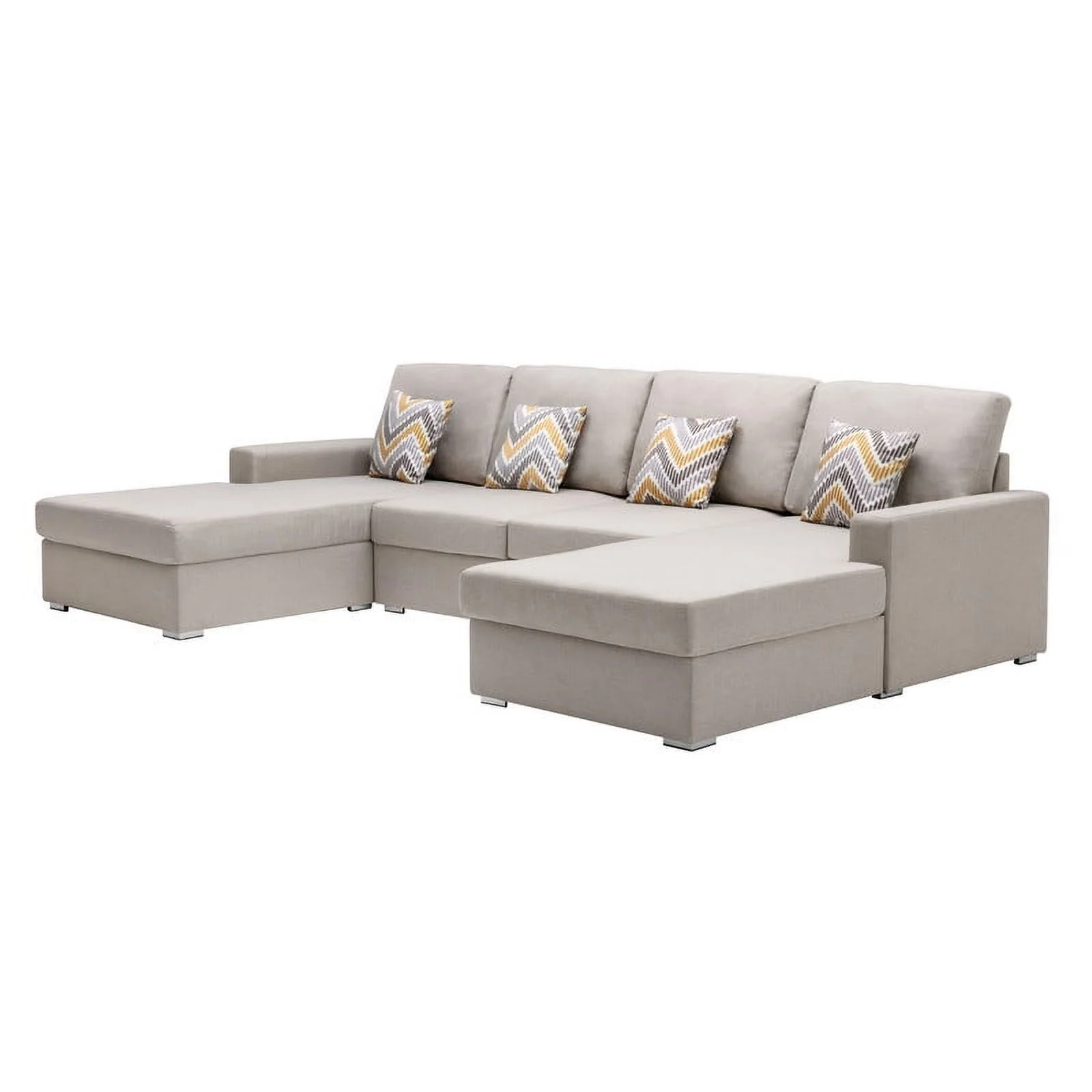 Lilola Home Nolan Linen Fabric 4Pc Double Chaise Sectional Sofa with Pillows and Interchangeable Legs-Color:Beige