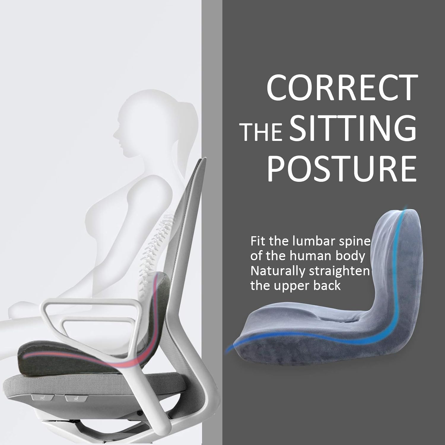 Seat Cushion with Lumbar Support Pillow for Office Chair - Coccyx Memory Foam Cushions for Sciatica, Lower Back Tailbone Pain Relief - Grey