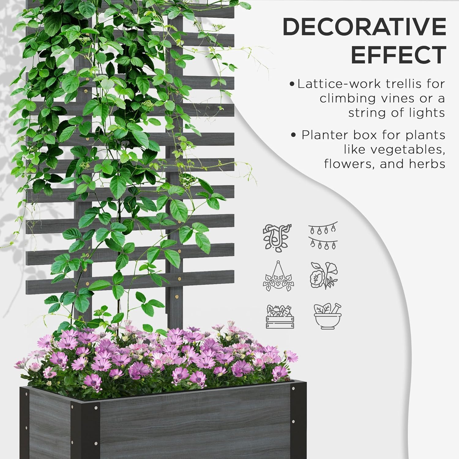 Raised Garden Bed with Trellis, 58" Outdoor Wooden Planter Box with Wheels, for Vine Plants Flowers Climbing and Planting, Gray