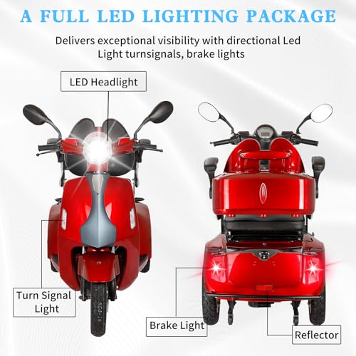 Heavy Duty 3 Wheel Scooter for Adults,All Terrain Mobility Scooter 500lbs Capacity,800W Powered Mobility Scooters Handicap Mobility Scooter for Travel with Full Set Lights (Red-AFD3L)