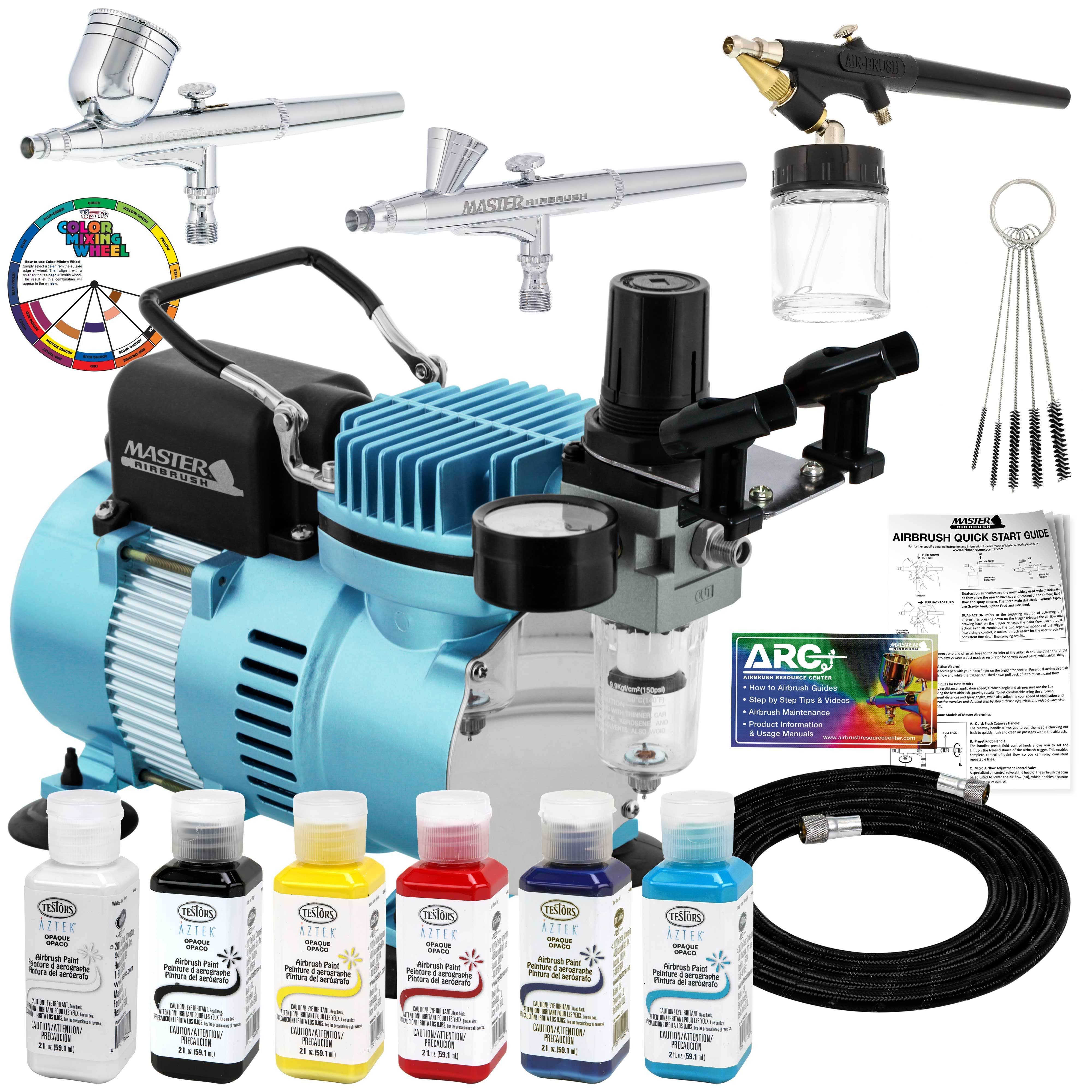 Master 3 Airbrush Air Compressor Kit, Testors Aztek 6 Colors Paint Set