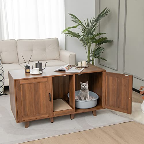 Tangkula Double Cat Litter Box Enclosure for 2 Cats, Large Stackable Hidden Privacy Cat Washroom Cabinet with Scratching Board, Indoor Cat House TV Stand, Litter Box Furniture (Grey Oak)