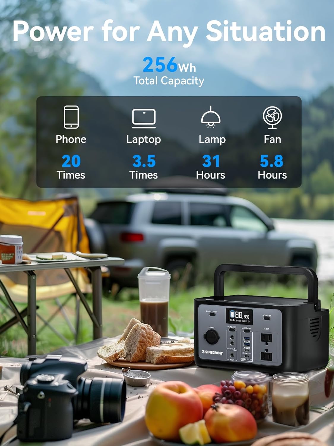 Portable Power Station 300W, SHINEGIANT 256Wh LiFePo4 Power Station with USB-C PD60W, 120V Pure Sine Wave AC Outlet, Solar Generator for Camping, Small Generator for Outdoor Travel Emergency Home Use