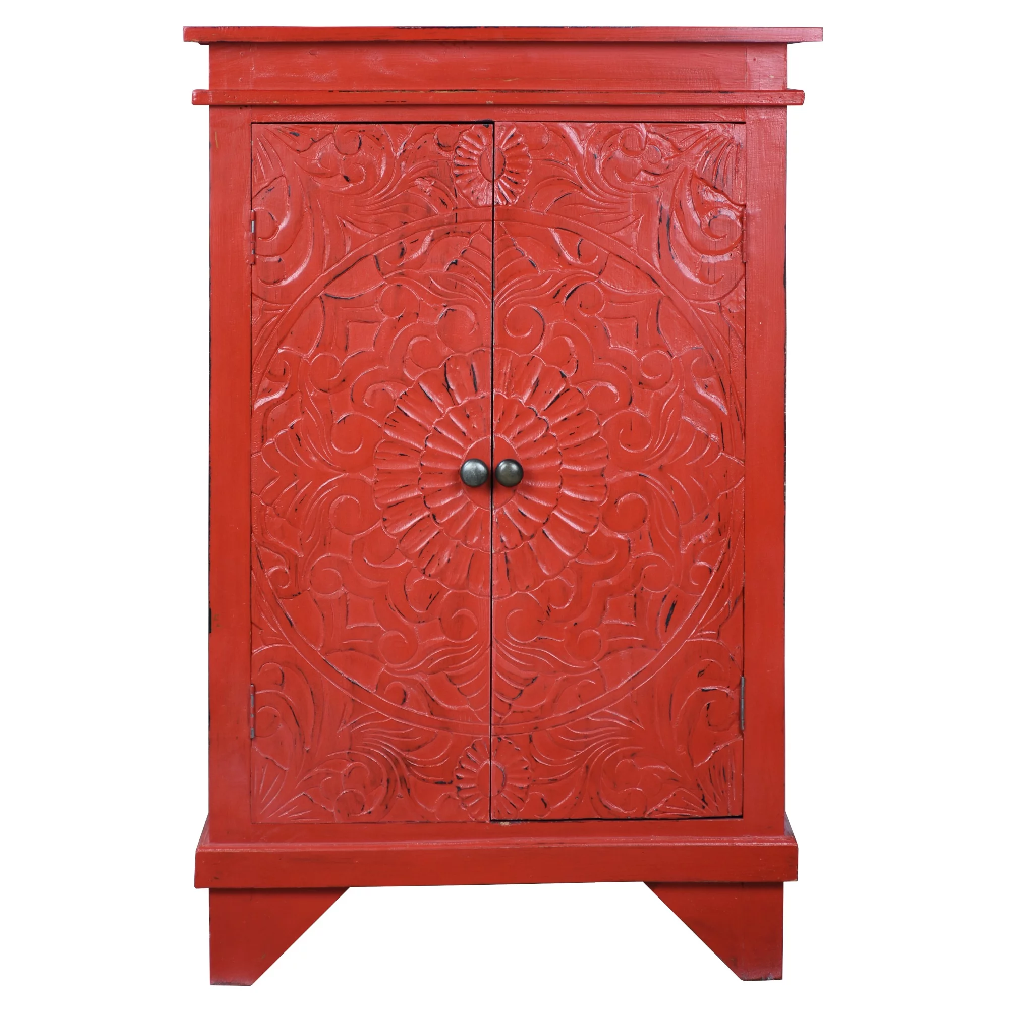 Besthom Shabby Chic Cottage Wood Carved Accent Cabinet - 15"L x 28"W x 43"H Distressed Red