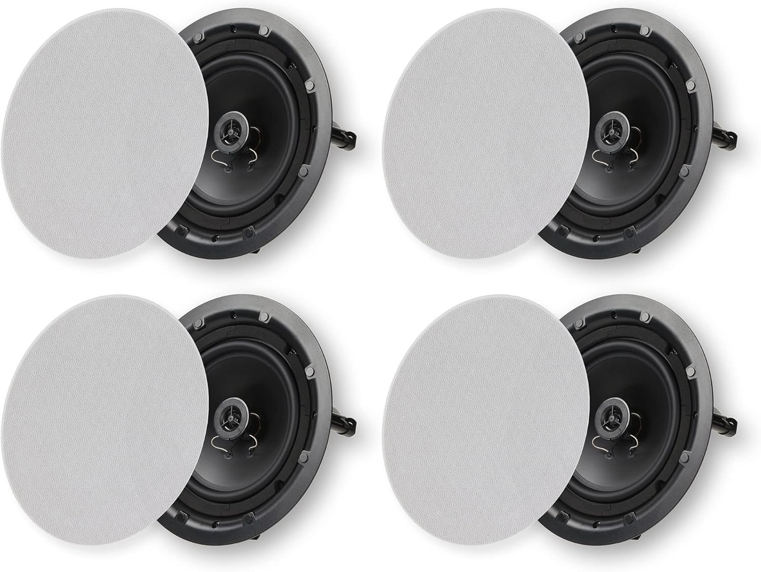 Micca 8 2-Way in Ceiling or Wall Round Speakers, 4 Pack, 8 Inch Woofer, 9.75 Cutout Diameter, Low Profile Rimless Design, for Indoor Rooms or Covered Outdoor Porches, White, Paintable