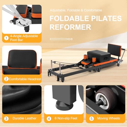 Pilates Reformer, Foldable Pilates Machine with Jump Board & Pilates Box (4 Springs & 5 Resistance Cords) for Home Gym Workout, Pilate Equipment Kit for Beginners & Advanced Users, Up to 500 LBS