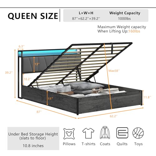 Full Size Lift Up Storage Bed Frame with LED Lights, Linen Upholstered Headboard with Charging Station, Wooden LED Light Platform Bed Frame, No Spring Box Needed/Noise Free, Black