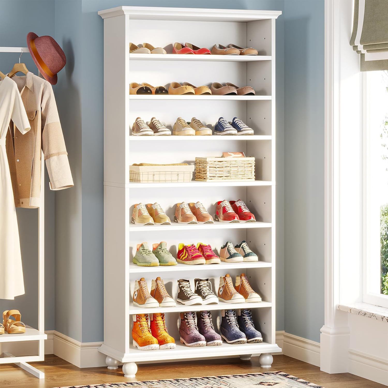 69" Tall Shoe Storage Cabinet with LED Lighting, 9-Tier 30 Pairs Freestanding Shoes Display Cabinet with Solid Wood Legs for Entryway, White