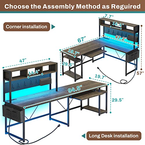 SEDETA L Shaped Gaming Desk, Reversible Computer Desk with Power Outlet and Pegboard, Gaming Desk with Led Lights, Keyboard Tray and Storage Bag for Home Office, Black