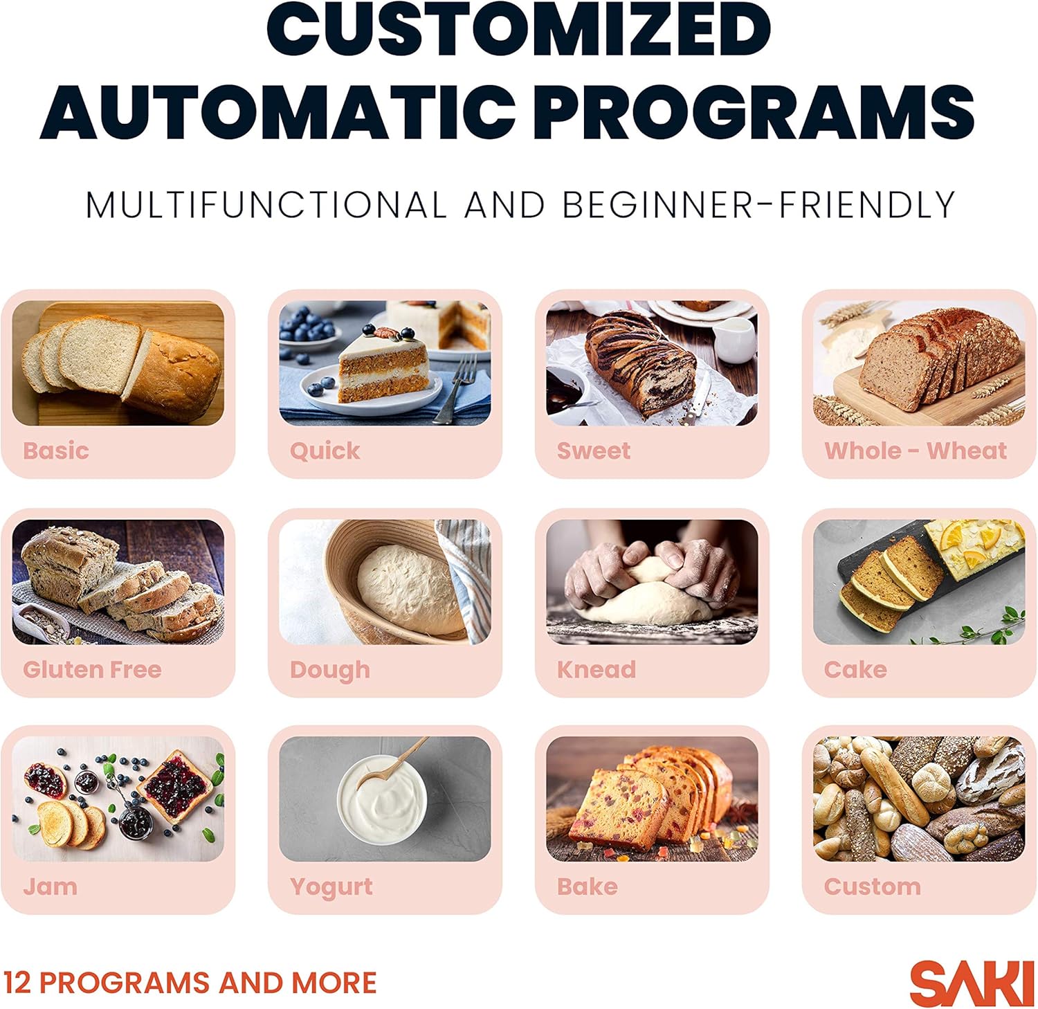 SAKI 3 LB Large Bread Maker Machine, 12-in-1 Programmable Large Bread Machine, with Nonstick Ceramic Bread Pan & Large Digital Touch Panel, 3 Loaf Sizes with 3 Crust Colors Options, Keep Warm Mode