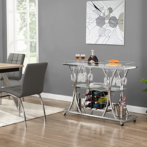 Silver Bar Cart, Rolling Liquor Serving Cart, 3-Tier Liquor Kitchen Tea Trolley with Wine Rack & Glass Holder Metal Frame,Mobile Bar Carts for The Home