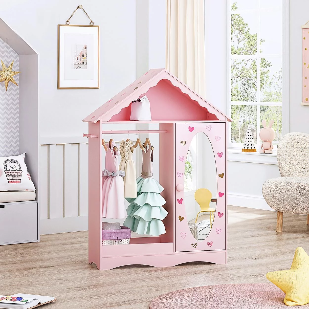 UTEX Kids Dress Up Storage with Mirror, Kids Wardrobe Closet, Dress Up Armoire for Little Girls, Open Hanging Kids Costume Organizer with 3 Adjustable Shelves for Bedroom, Playroom