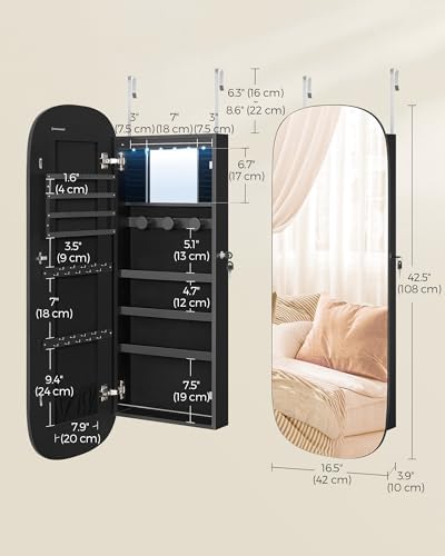 SONGMICS Jewelry Organizer, LED Jewelry Cabinet Wall or Door Mounted, Lockable Rounded Wide Mirror with Storage, Interior Mirror, 3.9 x 16.5 x 42.5 Inches, Black Surface with Black Lining