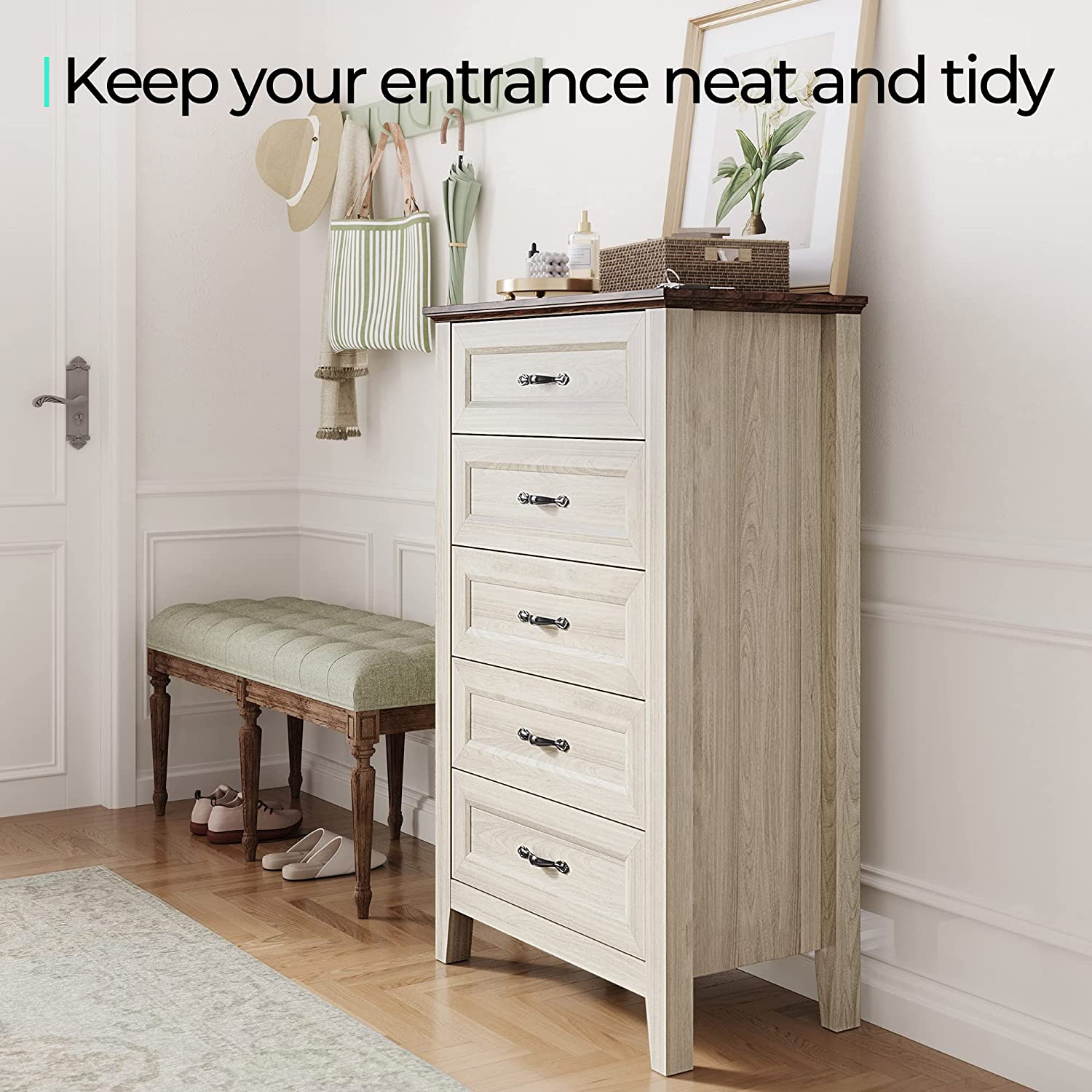 Beige Dresser for Bedroom, 5 Drawer Dresser with Metal Handles, Chest of Drawers, Tall Dresser for Living Room, Entryway, and Closet