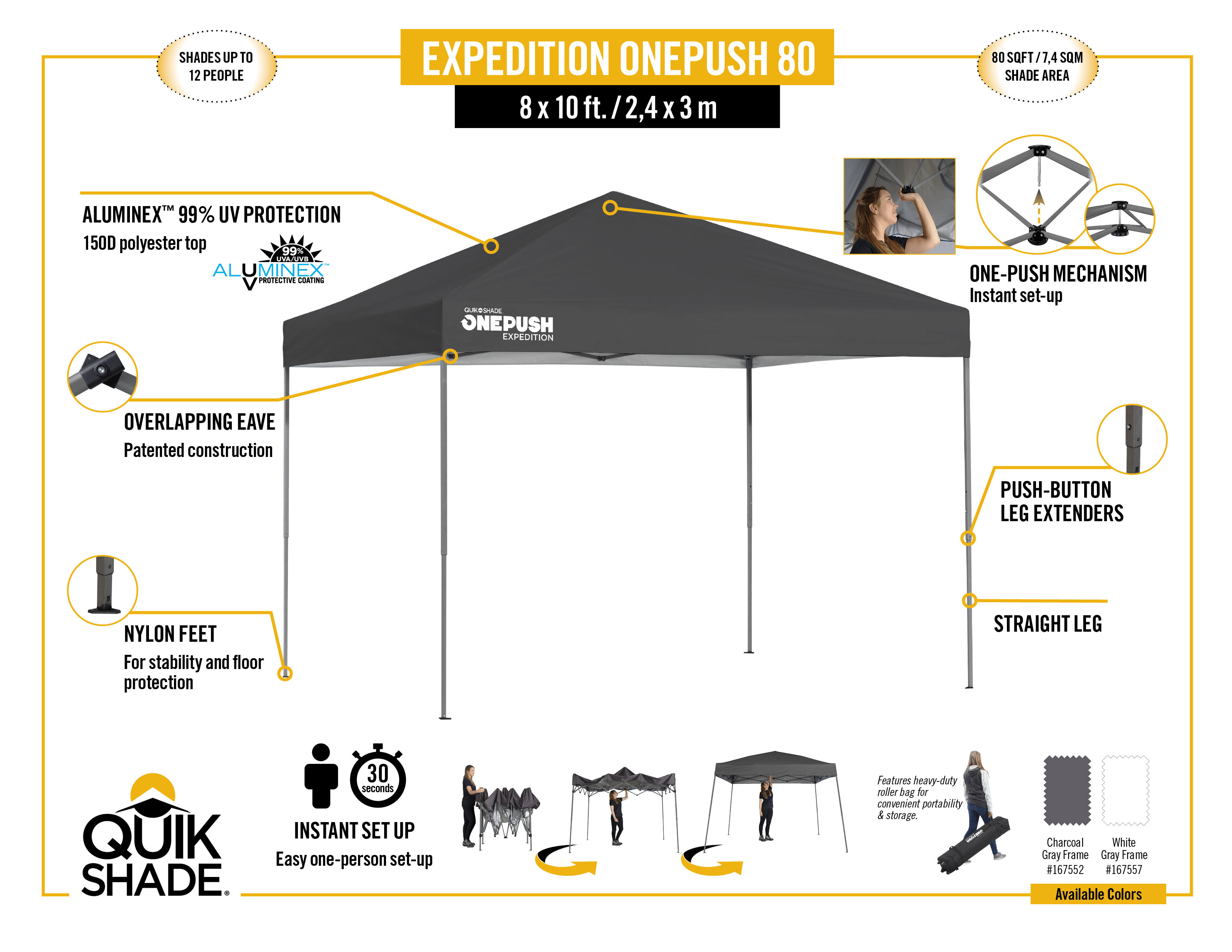 Quik Shade Expedition EX80 One Push 8 x 10& Straight Leg Canopy - White