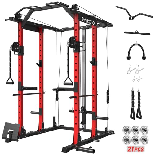Mikolo Power Cage, Power Rack with Cable Crossover System, 1500LBS Squat Rack with LAT Pull Down System, Workout Cage with Pulley System for Fitness Home Gym