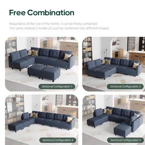 LLappuil Modular Sectional Sofa with Chaise, 8 Seater Reversible L Shaped U Shape Sectional Couch with Storage, Denim Blue