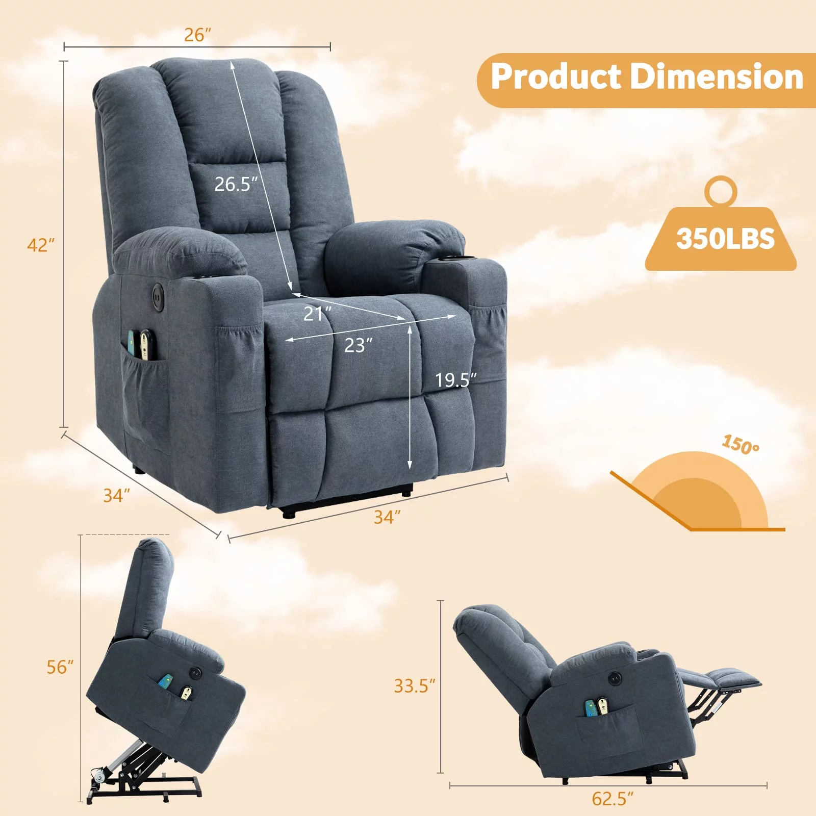 W WARMHOL Electric Power Lift Recliner Chair with Heat and Massage Lift Recliner for Elderly, Single Sofa recliners for Living Room with Cup Holders, 4 Pockets, USB Ports, Soft Fabric (Gray-Blue)