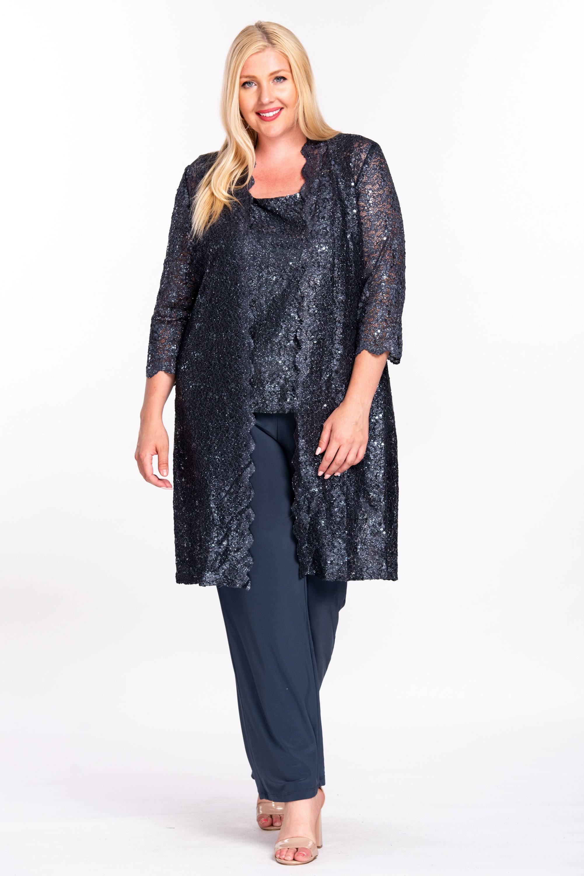 R M Richards 3-Piece Sequin Glitter Scallop Lace Duster Pant Set - 14