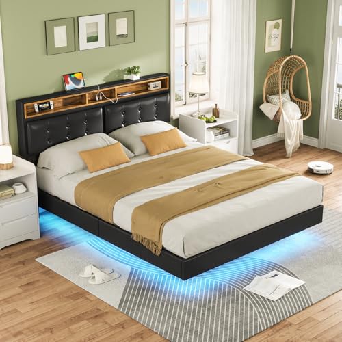 Hasuit California King Floating Bed Frame with LED Lights, California King Bed Frame with Headboard and Charging Station, Cal King Bed Frame No Box Spring Needed, Easy to Assemble, Faux Leather Black