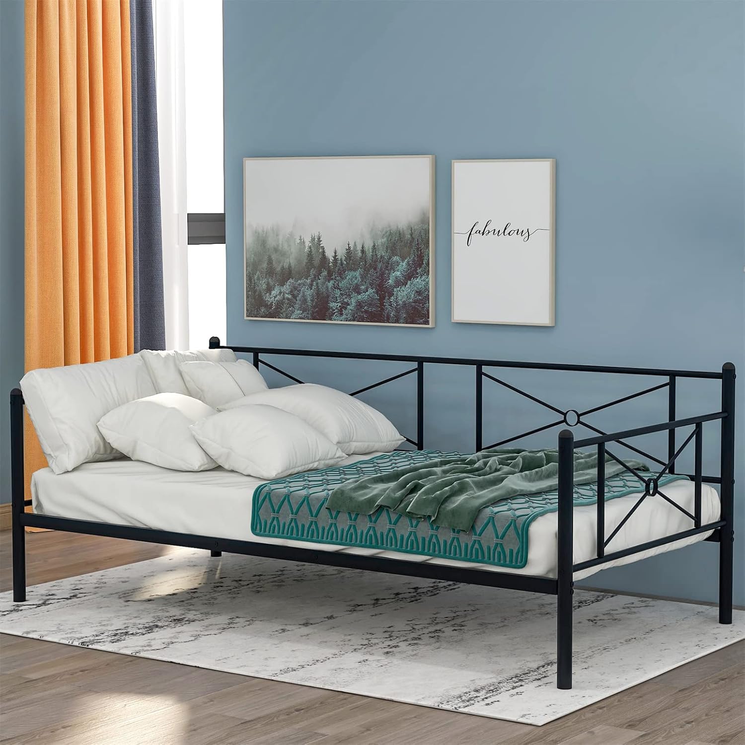Metal Daybed with Trundle, Twin Size Day Bed Frame with Pullout Trundle, Heavy-Duty Daybed for Living Room Bedroom Kids Teens and Adults, Black