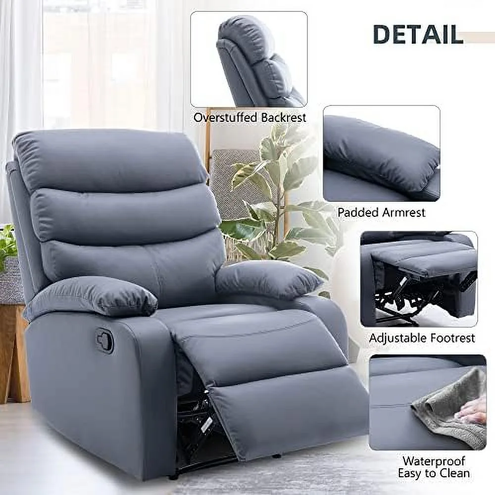 NLIBOOMLife Recliner Chair for Living Room  Manual Recliner with Micro Leather  Overstuffed Single Sofa  Easy to Operate Footrest &amp; Headrest  Suitable for Small Spaces- Cerulean Blue