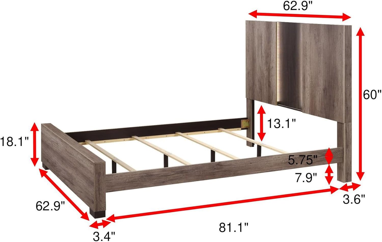 3Pc Beautiful Bedroom Set Brown Gray Two-Tone Finish Queen Size LED Light HB Bed 2X Nightstand Solid Wood Wooden Furniture