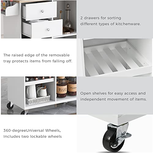 Kitchen Island Cart on Wheels with Storage, Rolling Cart Cabinet with 2 Drawers 2 Open Shelves 1 Adjustable Tray, Rubberwood Top Small Microwave Removable Trolley with Spice Rack and Towel Rack