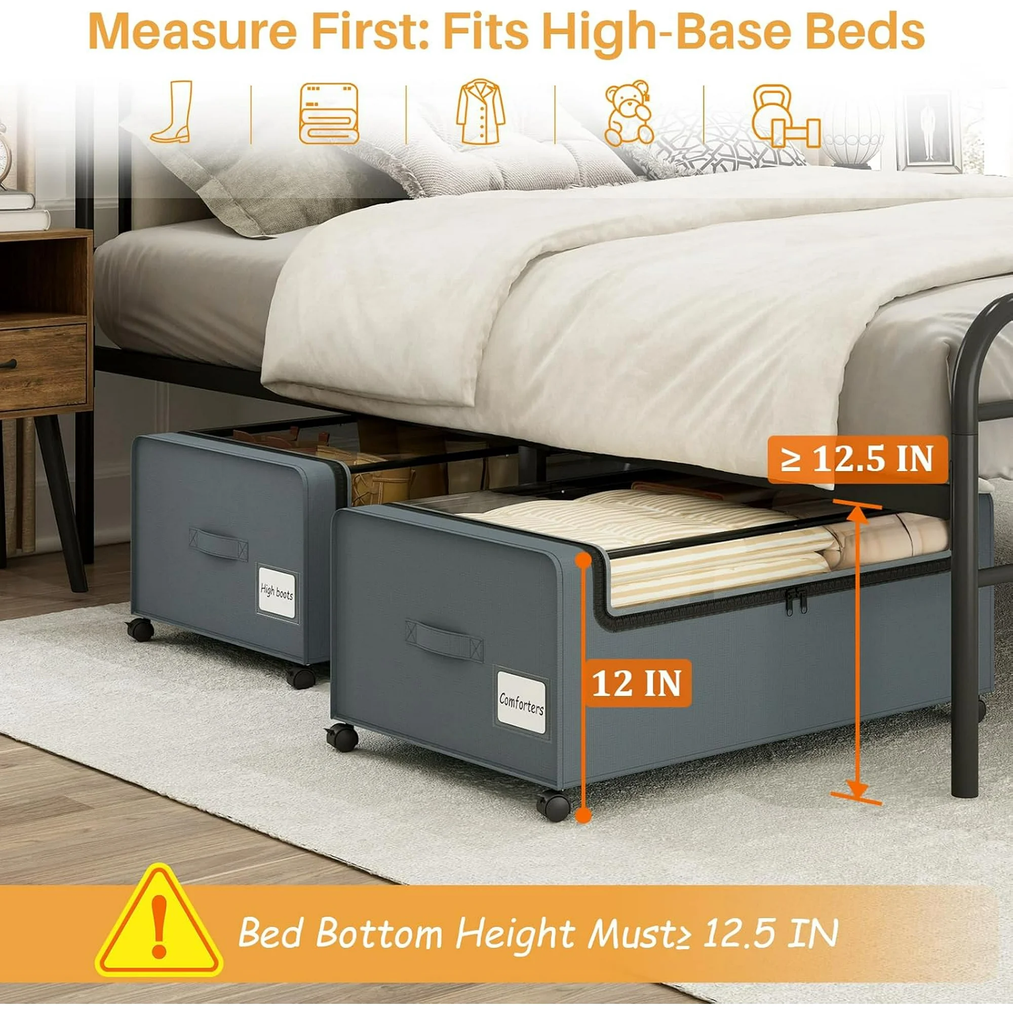 12 inch Under the Bed Storage Bins with Clear Lid, Under Bed Storage Containers with Wheels for Underneath Small Spaces Dorms, Blankets (2 Pack, Grey, 30.7x17.3x12)