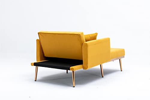 Modern Tufted Velvet Sofa 2 in 1 Chaise Lounge Chair Indoor with Adjustable Backrest and Two Pillows for Living Room Bedroom Office, Single Sofa Bed with Rose Golden Feet and Arms, Beige