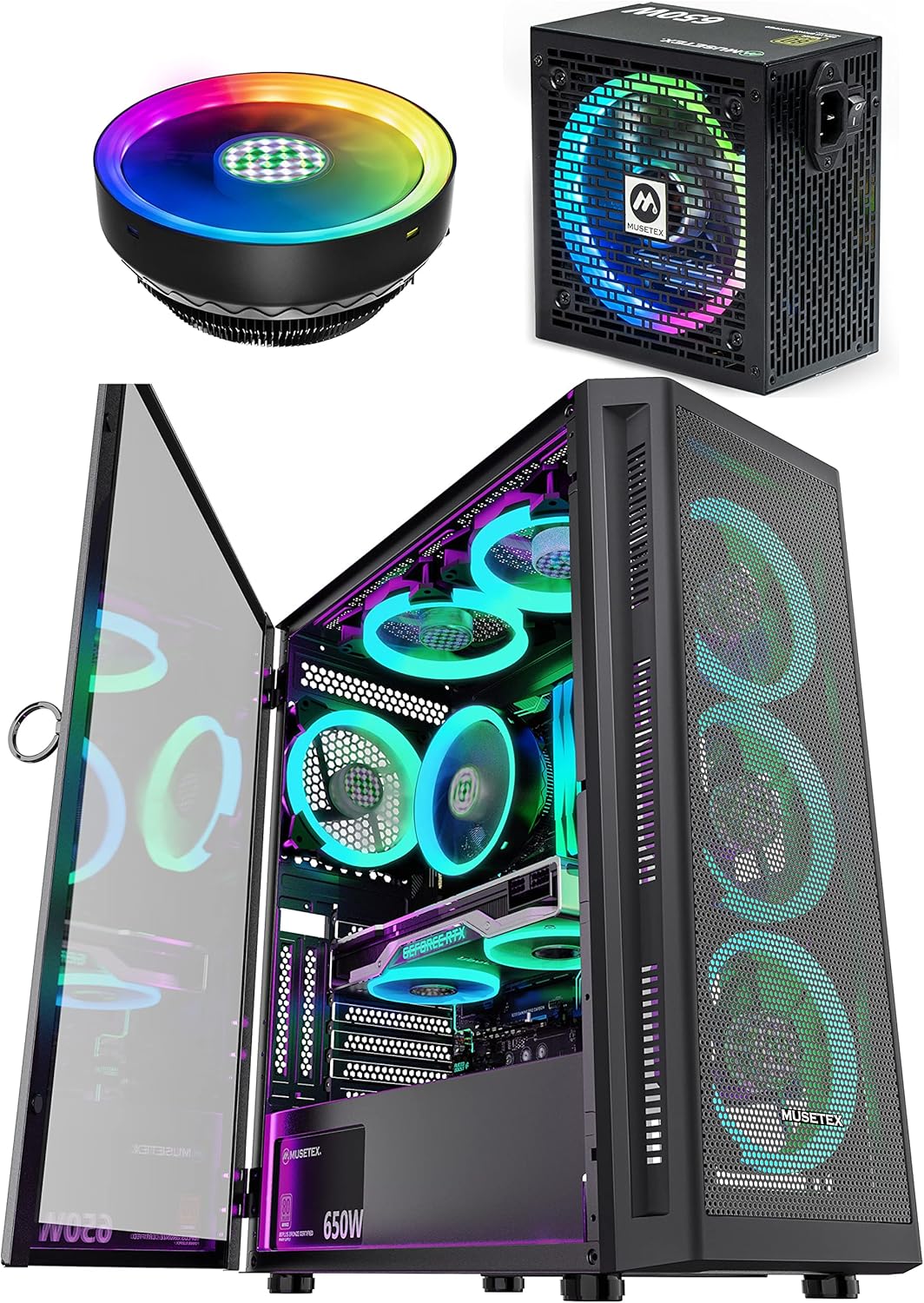 MUSETEX ATX PC Case with 6pcs 120mm ARGB Fans Bundle with CPU Fan & 650W Power Supply