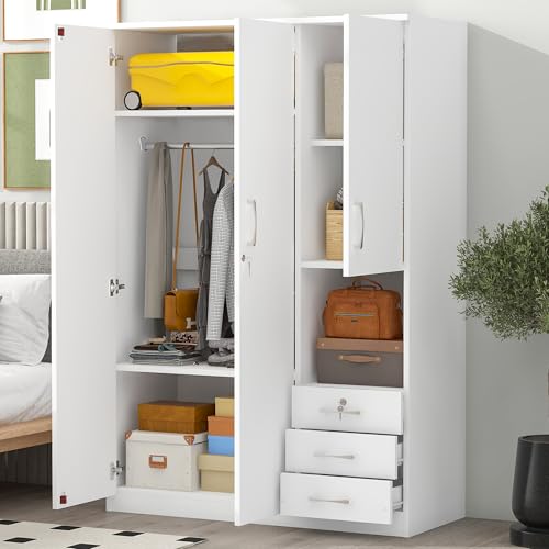 LZ LEISURE ZONE Wardrobe Closet Storage Cabinet with Lockable Doors, Large Wooden Armoire Wardrobe Closet with 3 Drawers, Hanging Rod and Shelves, Bedroom Armoires Wardrobe Clothes Organizer, White