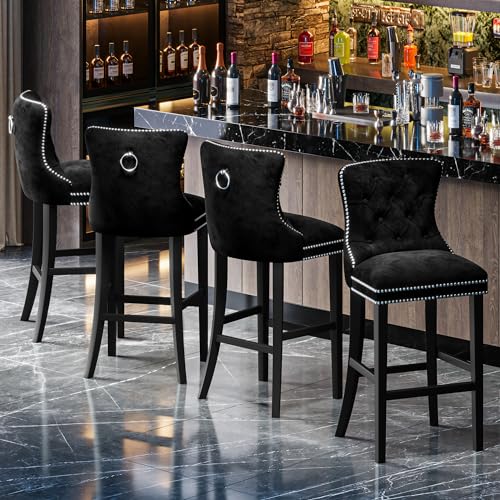 Recaceik Velvet Counter Height Bar Stools Set of 2, Upholstered Tufted Bar Stools with Back, 27" Kitchen Counter Stool for Island, High Back Kitchen Island Chairs for Home Bar, Dining Room(Blue)