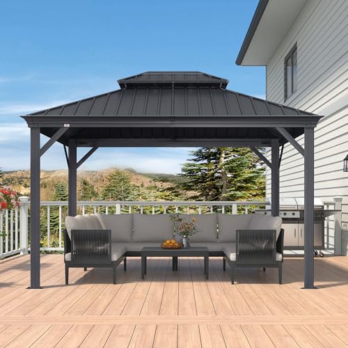 PURPLE LEAF 10' X 14' Permanent Hardtop Gazebo Aluminum Gazebo with Galvanized Steel Double Roof for Patio Lawn and Garden, Curtains and Netting Included, Grey